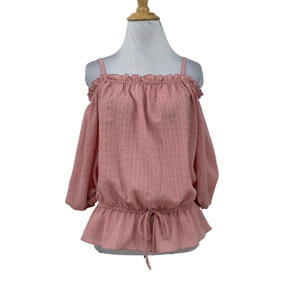 BCX Top Womens S Small Peony Pink Cold Off Shoulder Drawstring Waist Tie Peplum